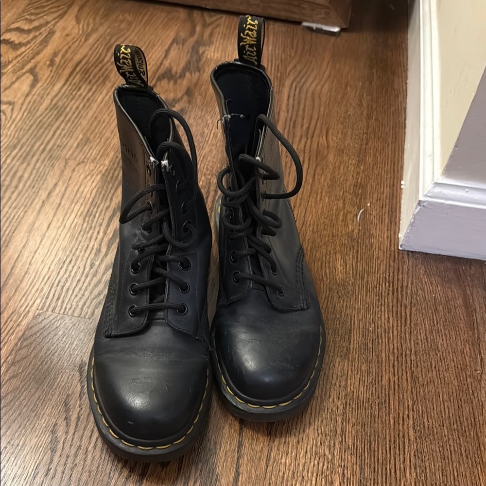 Dr. Martens Black Leather Boots with Yellow Stitching